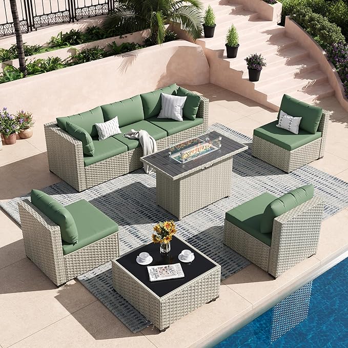 8 Piece Patio Furniture Set with 44" Fire Pit Table, Outdoor Sectional Wicker Rattan Sofa Set with Coffee Table (Green/Grey)