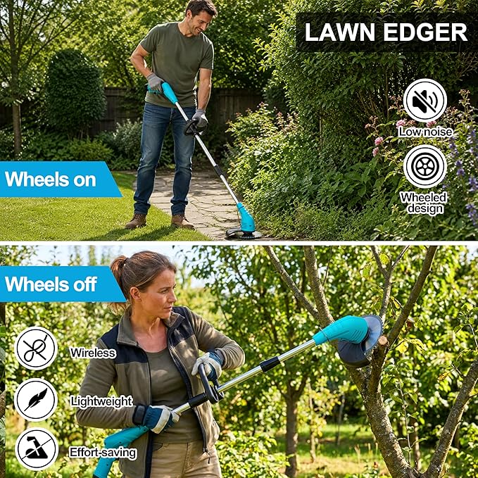 Cordless Weed Wacker, Grass Trimmer with 3 Types Blades and 2.0Ah Li-Ion Battery Powered,12V Electric Weed Trimmer/Edger for Garden Yard Work and Lawn Care (Blue)
