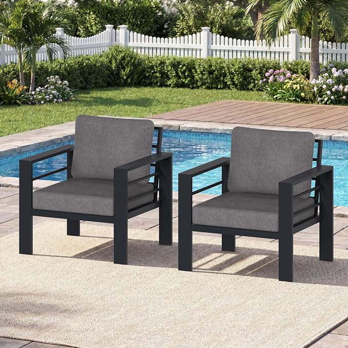2 Pieces Outdoor Aluminum Armchair, Modern Patio Patio Furniture with 3.54” Wide Seat and Thick Cushions, All-Weather Outdoor Single Sofa for Deck, Porch