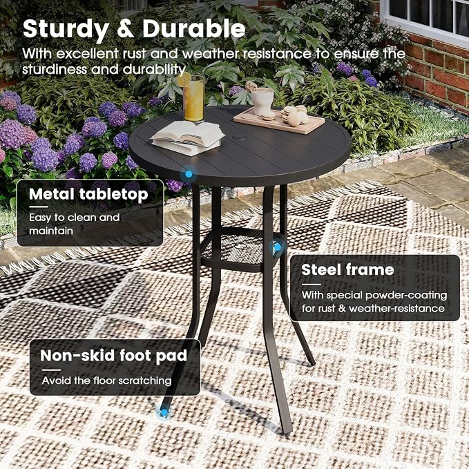 DIFY Patio Bar Height Table, 35.5" Round Outdoor Bistro Table with 1.57" Umbrella Hole for Poolside, Balcony, Pub and Garden, Black