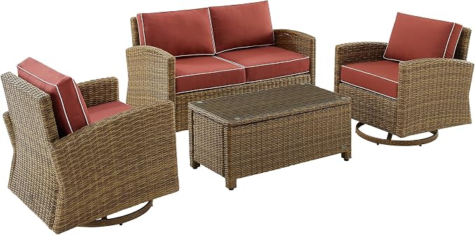 Crosley Furniture Bradenton 4-Piece Wicker Outdoor Loveseat and Swivel Rocker Patio Furniture Set for Porch, Brown with Sangria Cushions