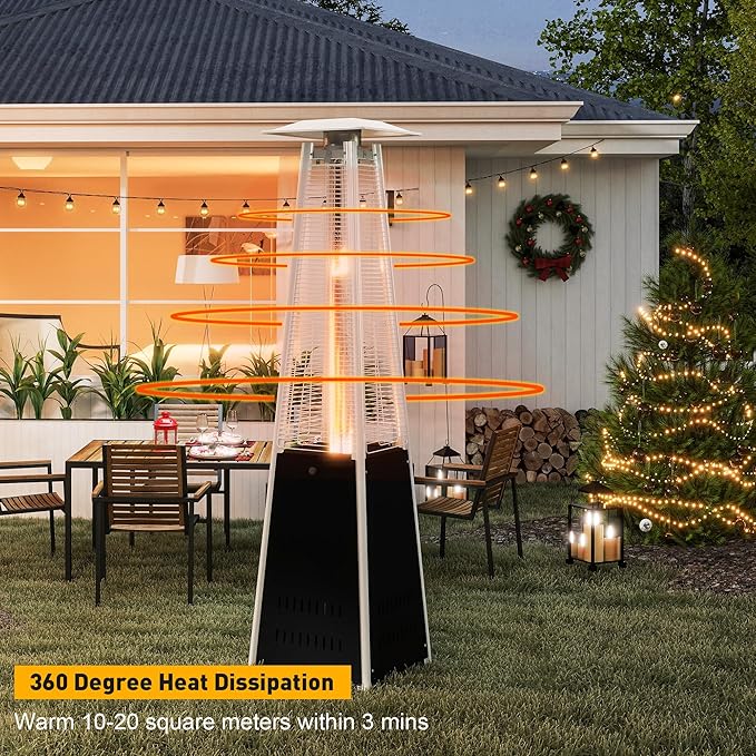 LUCKYERMORE Pyramid Patio Heater Outdoor, 42,000 BTU Wind-Resistance Quartz Glass Tube Flame Heater with Wheels Propane, Black