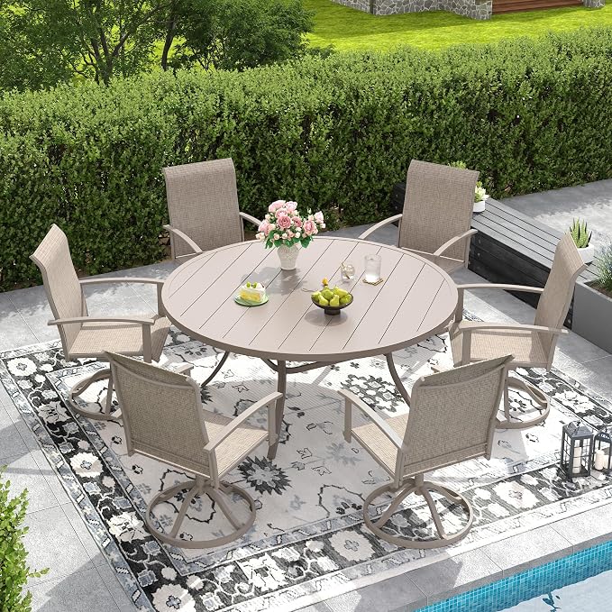 DIFY 7 Pieces Outdoor Dining Set for 6, 53" Round Metal Table with Umbrella Hole and Textilene Swivel Patio Chairs, Patio Table and Chairs Set for Garden, Backyard, Poolside, Sandshell