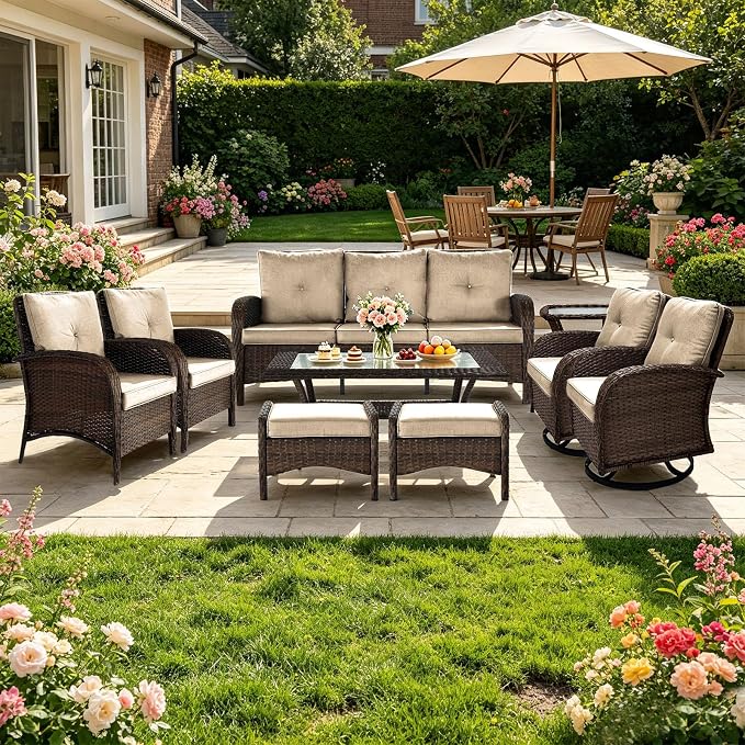 All Weather Patio Furniture Set, High Back Swivel Rocker Glider Chairs，Ottomans & Glass Tables, Outdoor Conversation Set for Deck Porch Yard Poolside (Brown, 9PCS-Swivel Chairs&Chairs&Sofa&Tables)