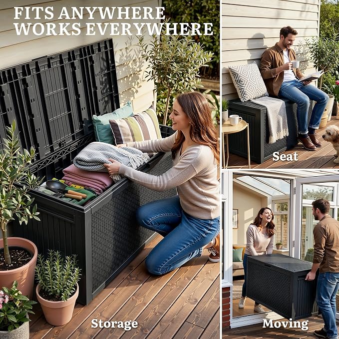 YITAHOME 95 Gallon Outdoor Storage Deck Box, Waterproof Resin Deck Box w/Handles, Lockable Outdside Deck Box for Patio Furniture, Garden Tools, Lockable & UV Resistant(Black)