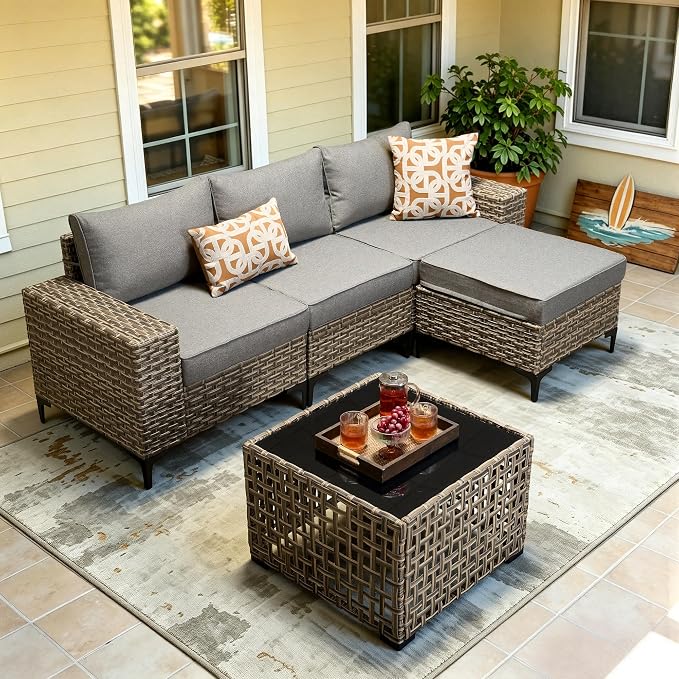 5-Piece Wicker Outdoor Sectional Furniture, Wide Armrest L-Shaped Patio Couch Set with Ottoman Thick Cushion, Modular Conversation Sets with Solar Table for Backyard Porch Balcony, Dark Gray