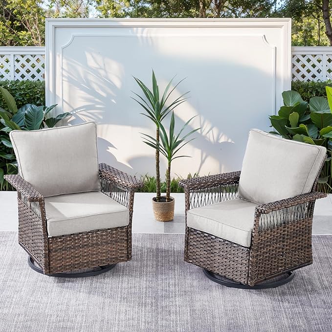 Patio Furniture Set with Fire Pit Table, 7PCS Patio Conversation Set Brown Resin Wicker Swivel Patio Chair Sofa Ottoman Set with Side Table and Fire Table PE Rattan Furniture Set