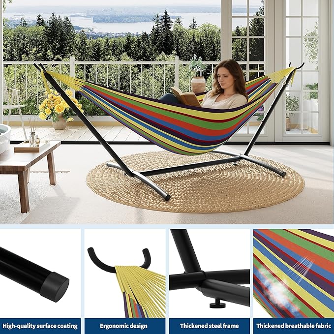 2 Person Hammocks with Stand for Outside, Double Hammocks Portable Space Saving Heavy-Duty Steel Stand for Indoor Outdoor Patio with Carrying Bag, 450 lbs Capacity