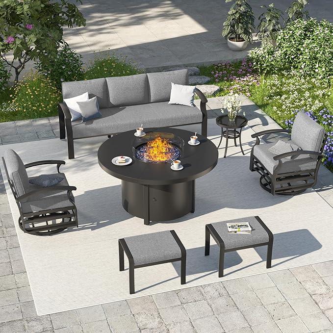 ALAULM Aluminum Patio Furniture Set with Round Propane Fire Pit Table 7-seat Metal Outdoor Furniture w/Swivel Chairs & 2 Ottomans Patio Sectional Sofas for Patio, Lawn, Poolside（Grey