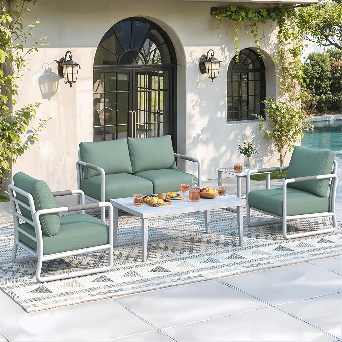 Outdoor Aluminum Patio Furniture Set with with 6.5" Thick Cushions,6-Piece Outdoor Sectional Conversation Set with Coffee Tables,All-Weather Patio Set for Backyard & Deck，White
