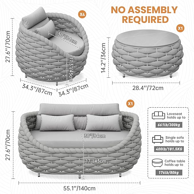 Rope Outdoor Patio Furniture Set: 6 Pieces Aluminum Porch Conversation Sofa Set - Modern Hand Woven Deck Couch Set Cushioned - No Assembly All Weather for 660lbs Yard Garden Lanai Hotel, Gray