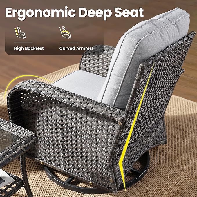 ovios 3-Piece Patio Furniture Set, Outdoor Wicker Sofa with Swivel Chairs, High Back Rattan Gliders Rocker with Comfy Cushions for Porch Yard Deck, Grey