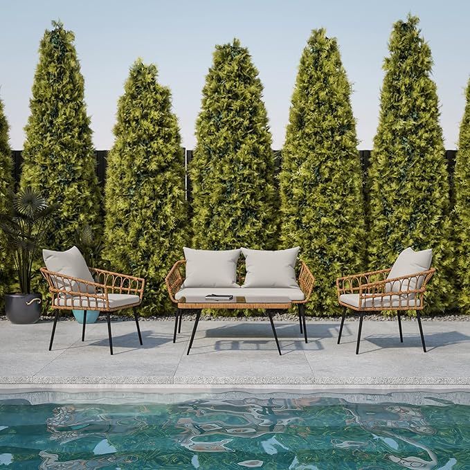 Flash Furniture Evin Boho 4 Piece Patio Conversation Set - Natural Rope Rattan - Gray All-Weather Cushions - Tempered Glass Top Coffee Table - Indoor/Outdoor