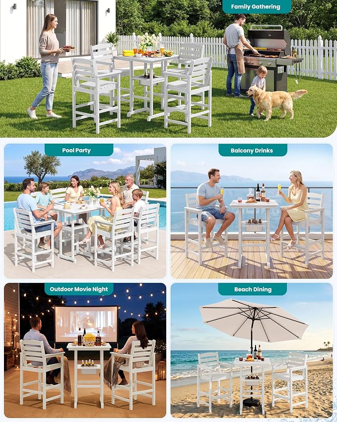 SERWALL Balcony Adirondack Chairs and Table 3 Pieces Set, HDPE Bar Height Chairs Set of 2 and Bar Table with Ice Bucket, Outdoor Bar Stools Set for Bistro, Poolside, Backyard, White