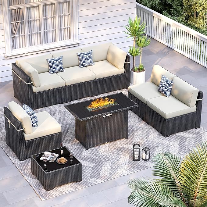 8 Piece Patio Furniture Set with 44” Fire Pit Table All-Weather Wicker Conversation Sectional Sofa & Coffee Table with Thickened Cushions for Backyard, Garden(Khaki)