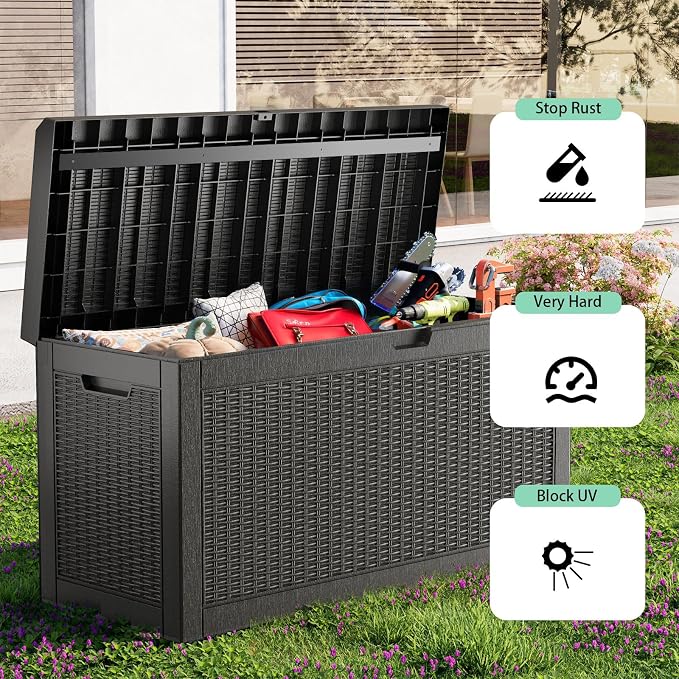 Resin Deck Box, Lockable Patio Outdoor Storage Box for Furniture, Garden Tools and Tools Storage, Waterproof Outside Storage Boxes (Black, 60 Gallon)