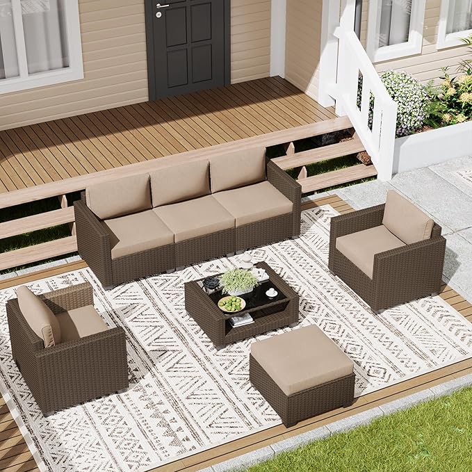 LOUVIXA 7 Piece Outdoor Patio Furniture Set, Rattan Chairs Glass Table Wicker Conversation Seating Sectional Sofa with Cushions (Brown-Camel, 7Pcs-2 Layer Coffee Table)