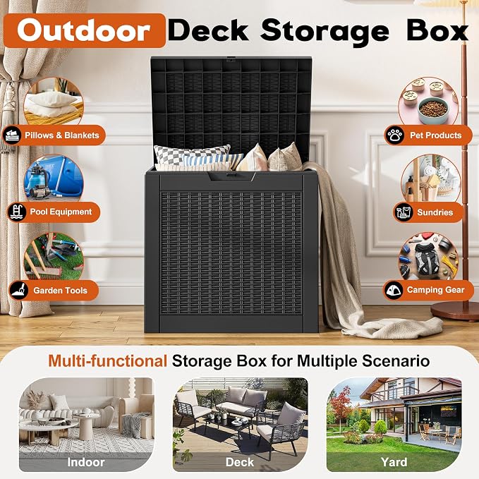Outdoor Storage Box, Resin Deck Boxes Indoor and outdoor, Waterproof Storage Box Lockable Lid (Black, 31 Gallon)