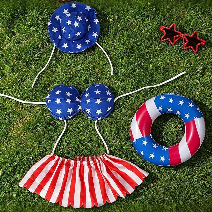 Bikini Porch Goose Outfits Fits 23" Goose Statue Summer Porch Goose Outfit | Independence Day Goose Costume, Hat & Sunglasses Included, Star-Spangled Swim Ring, US 250th Anniversary Garden Decor