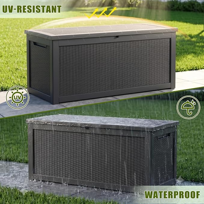 320 Gallon Storage Box, Deck Box, Large Storage Box, Waterproof &Resin with Hydraulic Rods Connected, For Patio, Lawn, Outdoor& Indoor Use Black