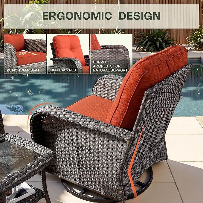 3-Piece Patio Furniture Set, Outdoor Wicker Furniture with Coffee Table, High Back Swivel Rocker Patio Chairs, Modern Rattan Outdoor Chairs Conversation Set for Porch, Balcony, Garden, Orange-Red