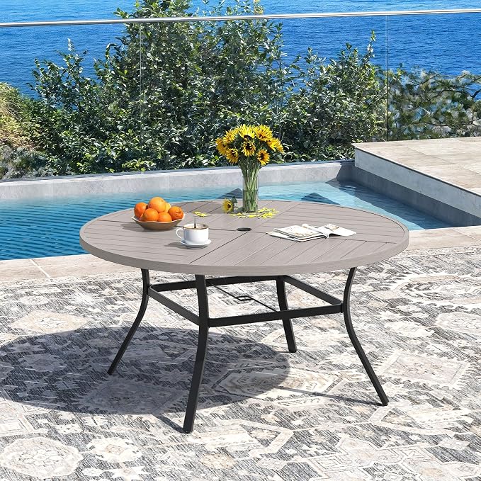 DIFY Patio Table and Chairs Set for 6, 7 Piece Outdoor Dining Set, 50" Grey Wood-Like Round Metal Dining Table with Umbrella Hole and 6 Grey Textilene Swivel Patio Chairs, for Garden Backyard Deck