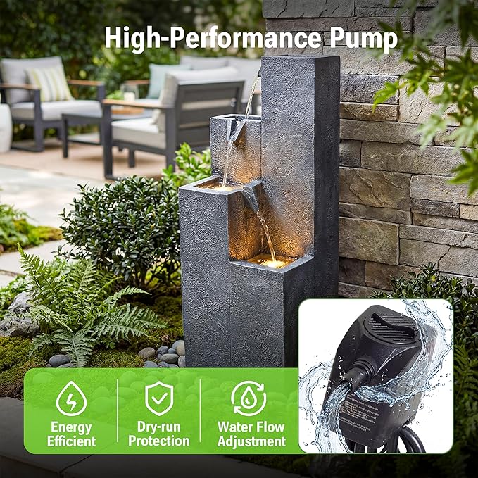 33-Inch Modern Outdoor Water Fountain, 4-Tier Resin Garden Waterfall Fountain, with Soothing Water Sound & Warm LED Light, Home Decor for Patio, Yard, Porch, Deck, Lawn or Balcony in Gray