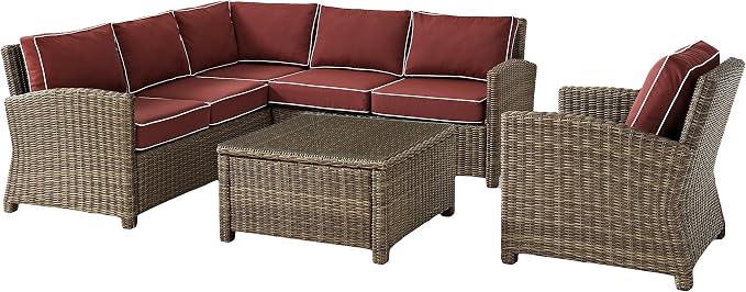 Crosley Furniture Bradenton 5-Piece Outdoor Sectional Sofa Wicker Conversation Patio Furniture Set for Deck, Brown with Sangria Cushions