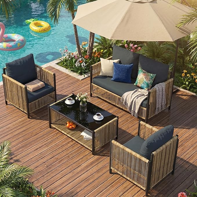 Aluminum Outdoor Patio Furniture Set - 2 Pcs Armchair, Loveseat & Dual-Layer Coffee Table - Rope Sectional Conversation Sofa Sets with Washable Thick Cushion for Garden/Backyard/Porch