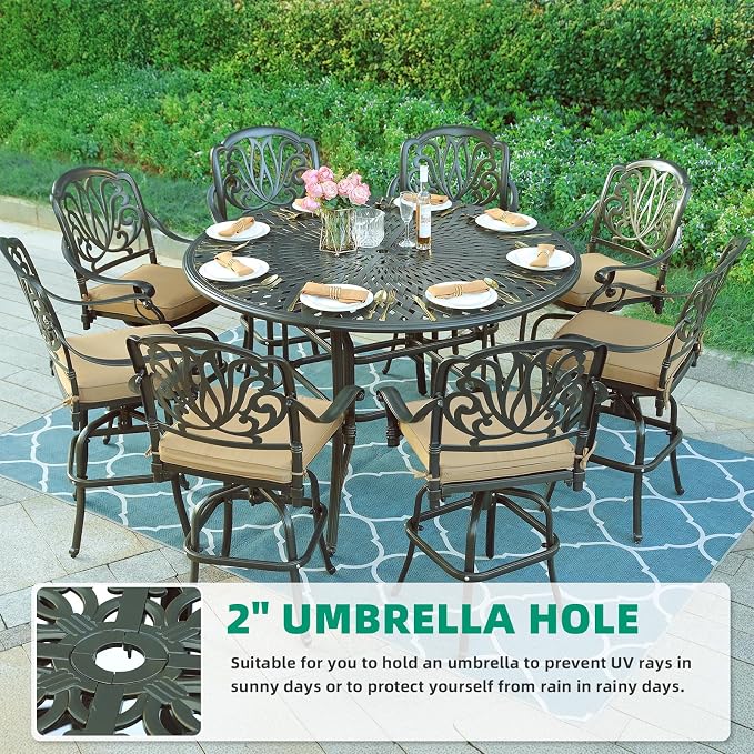 VIVIJASON 61" Round Patio Height Bar Table, All-Weather Cast Aluminum Large High Top Dining Table with 2" Umbrella Hole for Deck Garden Backyards, Fits for 6-8 Person, Dark Bronze