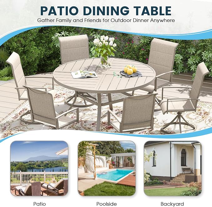 Patio Dining Table for 4-6, Round Metal Outdoor Table with Storage Shelf, 1.57" Umbrella Hole, 47" Outdoor Quartered Tabletop Dining Table for Backyard, Porch, Lawn, Sand