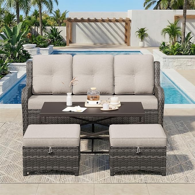 4-Piece Outdoor Couch Set, Includes Wicker Patio Sofa with Thickened Olefin Cushions, High Back and Deep Seating, Hand-Woven PE Rattan and 2 Ottomans, 1 Coffee Table for Porch, Deck