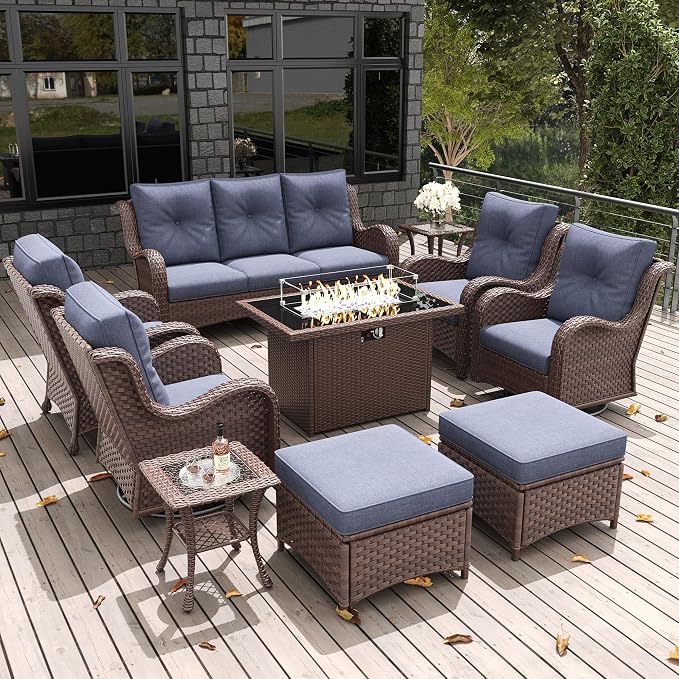 LayinSun 10 Pieces Outdoor Patio Furniture Set with Fire Pit Table, Rattan Wicker Sectional Swivel Rocker Chairs Sets with Ottomans, Swivel Glider Chair, Single Chairs and Coffee Table