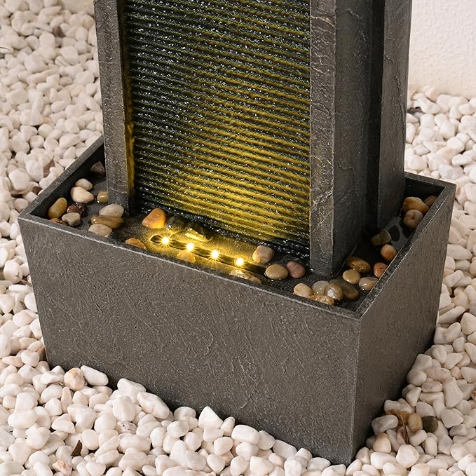 32 Inch Modern Straight Panel Water Fountain with LED Light, Indoor Outdoor Decorative, Floor Standing Waterfall Fountain for Patio Garden Porch Backyard Home Décor, Gray