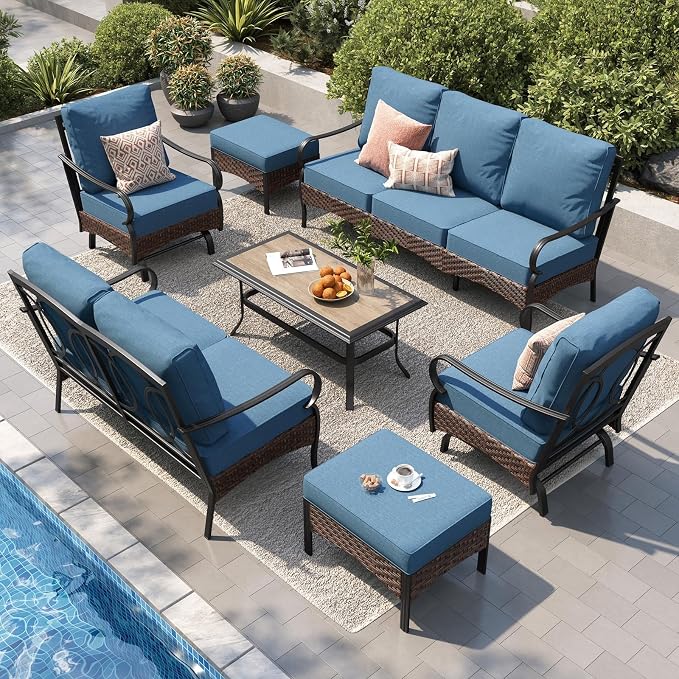 PHI VILLA Patio Furniture Set, Extra Large Wicker & Metal Outdoor Conversation Set Patio Sectional Sofa Set with Rocking Chair & Waterproof Thick Cushions for Porch, Poolside, Deck(7 Pieces, Navy)