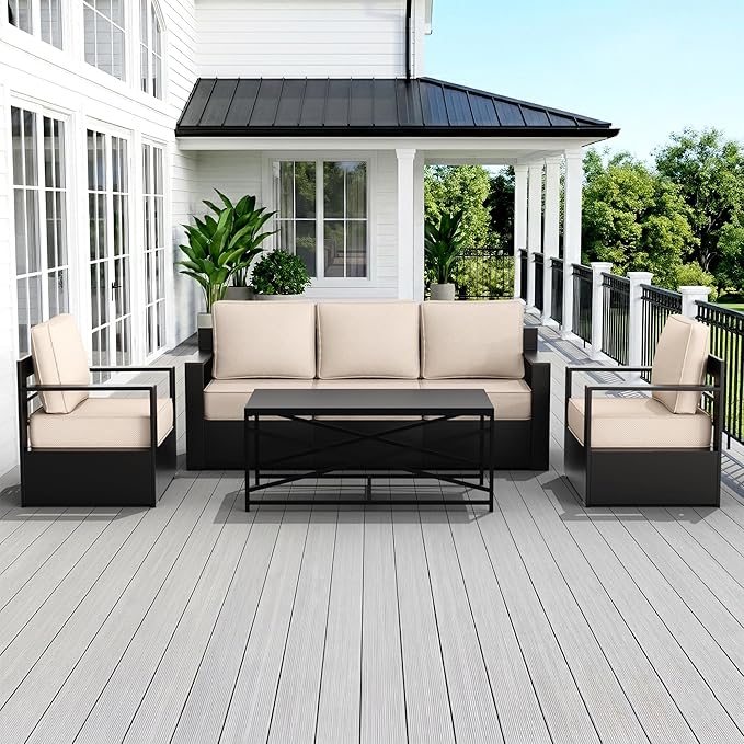 Outdoor Patio Furniture Set, 4-Piece Aluminum Patio Conversation Set All-Weather Metal Outdoor Sectional with 6 Inch Thick Cushions, Deep Setting for Garden, Outside and Porch, Beige