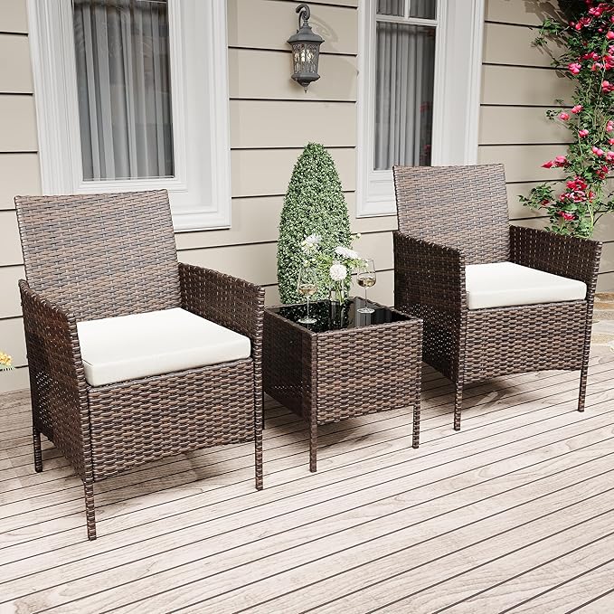 Patio Furniture Set 3 Pieces,Outdoor Patio Conversation Sets, PE Rattan Wicker Furniture Sets with 2 Chairs,Soft Cushion and 1 Coffee Table, Bistro Set of 2 for Backyard Balcony Porch Apartments,Brown