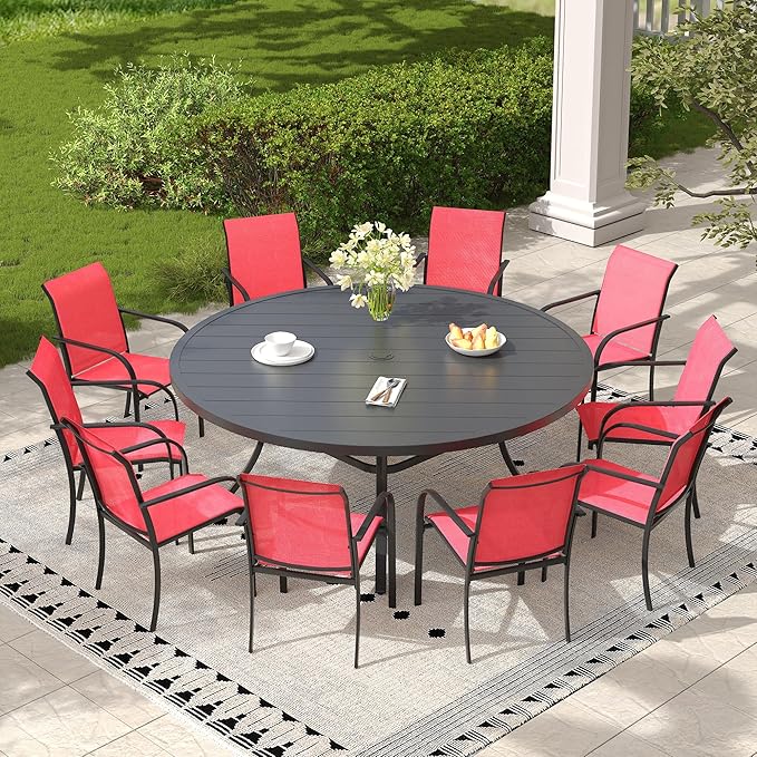 11 Pieces Outdoor Dining Set, Stackable Textilene Paito Chairs & 63" Round Dining Table with Umbrella Hole, Patio Dining Set for Backyard, Deck, Garden, Red & Black