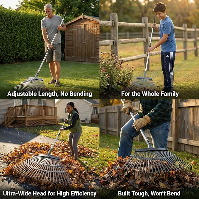 Heavy Duty Metal Bow Leaf Rake for Yard & Garden - 20" Wide Head with 25 Steel Teeth, 40-68" Adjustable Stainless Steel Handle, Rust-Resistant Garden Yard Rake for Leaves, Grass, Debris & Lawn Cleanup