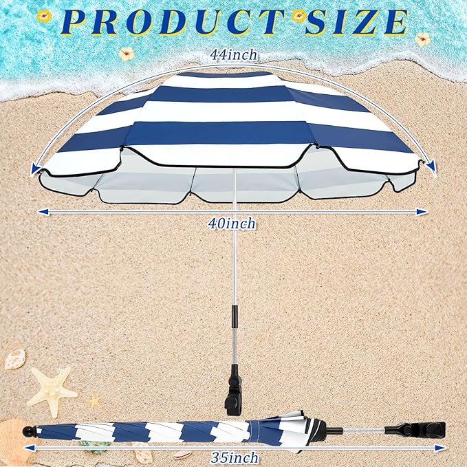 Buryeah 2 Pcs Beach Chair Umbrella Automatic with Universal Adjustable Clamp 44" UPF 50+ Portable Clamp on Beach Chair for Wheelchair Patio Golf Carts Camping