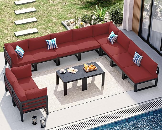NICESOUL 12 Piece XL Aluminum Patio Sectional Furniture Set with Side Table, 500 lbs Heavy Duty Anti-Rust Outdoor Couch, 29" Extra Deep Wide Seating, High End Conversation Sofa for Poolside Yard, Red