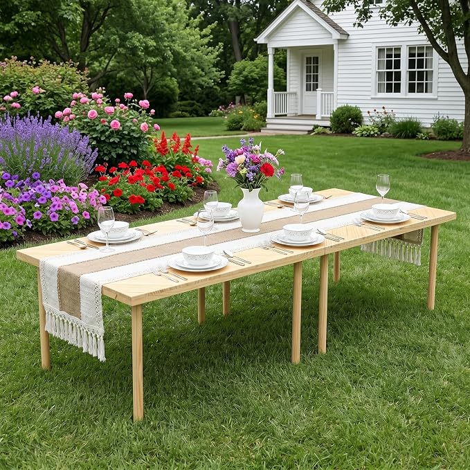 Upgraded Large Low Wooden Folding Picnic Table with 8-Legs, Thick Varnished Tabletop, 60"×30" Portable Boho Beach Table with Table Runner for Yard, Indoor & Outdoor, Camping (Diagonal)