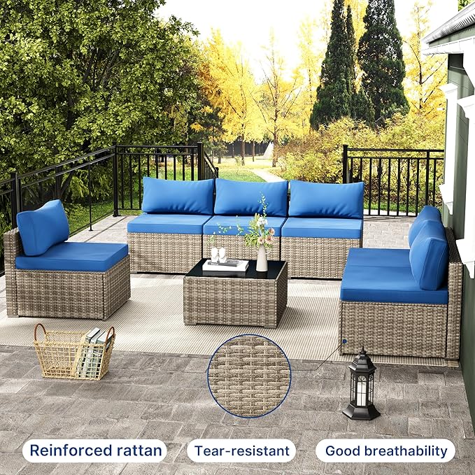 7 Piece Patio Furniture Set, Outdoor Wicker Patio Sofa Set, PE Rattan Sectional Couch with Glass Table and Blue Cushions, All-Weather 7 Piece Outdoor Patio Furniture Sets, Grey