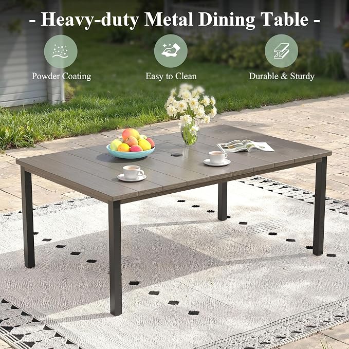 7 Pieces Outdoor Dining Set, 63" Rectangular Table with Umbrella Hole & Stackable Patio Dining Chairs, Patio Table and Chairs Set for Deck Garden Porch, Grey Chairs & Grey Table