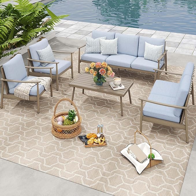 HAPPATIO Outdoor Furniture Set - 5 Piece Aluminum Patio Conversation Set with 1 Coffee Table, 2 Armchairs, Loveseat and 3-Seat Sofa, Aluminum Patio Furniture Set for Backyard Deck Poolside (Brown)