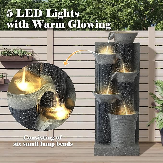 24" H Garden Water Fountains, 5-Tiers Outdoor Resin Waterfalls with LED Lights & Pump, Modern Indoor Freestanding Bamboo-Shaped Fountain for Bird Bath, Patio, Backyard and Balcony (Dark Gray)