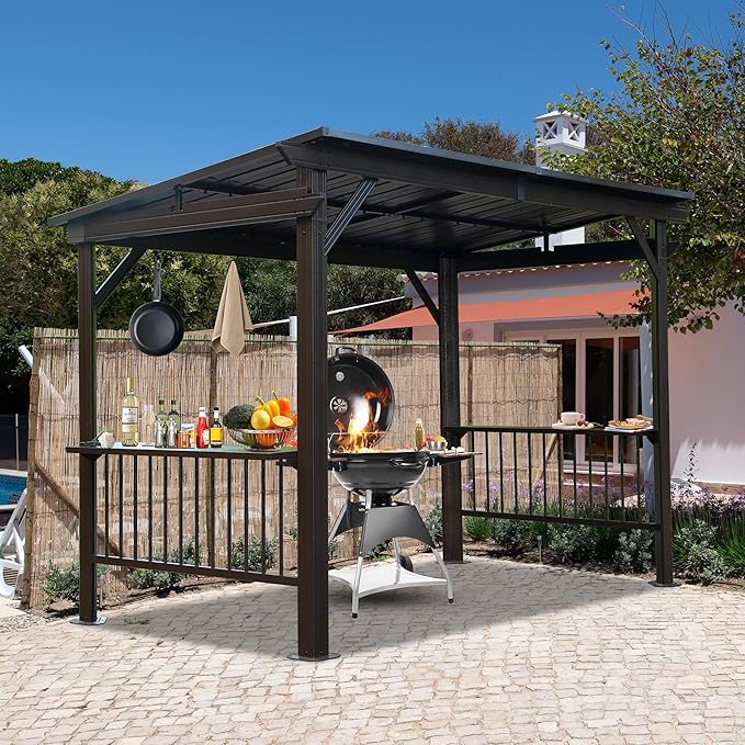 Domi 6.5x12FT Hardtop Grill Gazebo, Outdoor BBQ Gazebo with 2 Side Shelves and Sloping Galvanized Steel Roof, Metal Permanent Grill Canopy with Ceiling Hooks for Patio, Lawn, Backyard, Deck, Brown