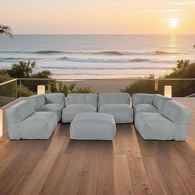 Patio Furniture Set, 7 Pcs Outdoor Conversation Set with Bean Bag Middle Chairs, Corner Chair, Ottomans, Modern Foam Couch Set for Garden, Deck, Balcony (7, Light Gray)