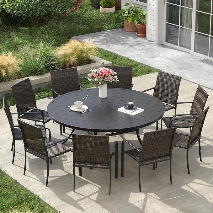 VICLLAX 11 Pieces Patio Dining Set, 10 Stakable Wicker Outdoor Chairs and 63" Patio Round Metal Table with Umbrella Hole for Backyard Lawn Deck, Black Tabletop