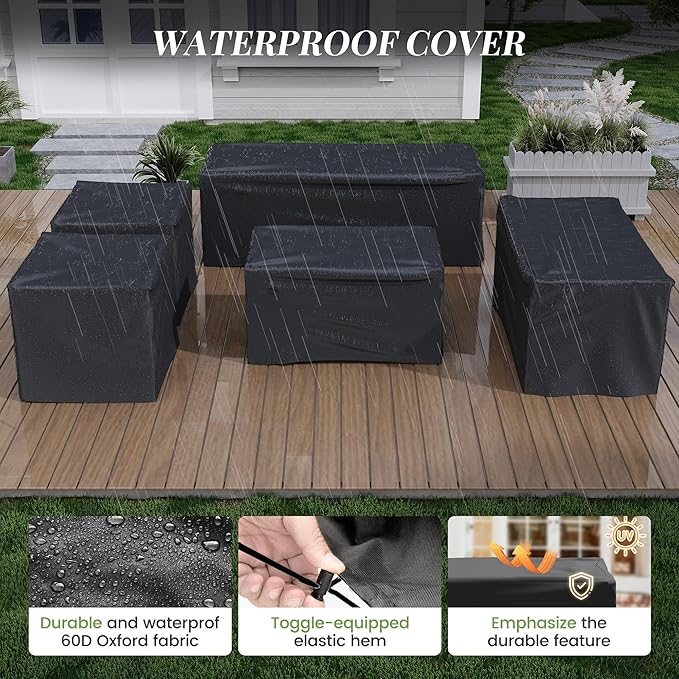 Amopatio Oversized Outdoor Sectional Sofa Set with 44" Metal Fire Pit Table & Storage Coffee Table - Waterproof Wicker Patio Furniture Set, Modular Furniture with Removable Cushions (Navy)